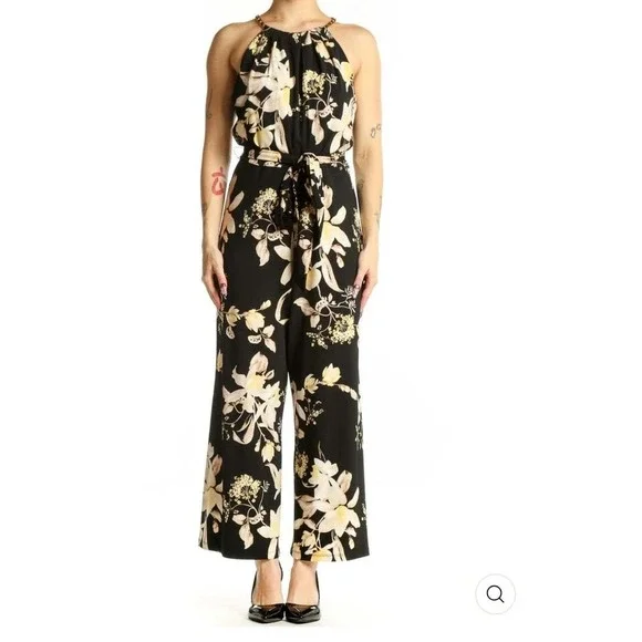 White House Black Market Floral Halter Jumpsuit Black Wide Leg Size L 10 - Picture 1 of 3